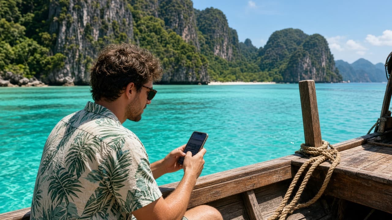 Voyageur consultant un smartphone sur un bateau à longue queue en Asie du Sud-Est, visuel eSIM BambooSIM Asia 300 Go