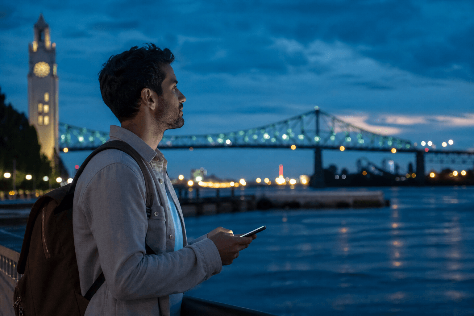 Traveller with an eSIM smartphone on a Montreal quay at dusk, eSIM Giga banner