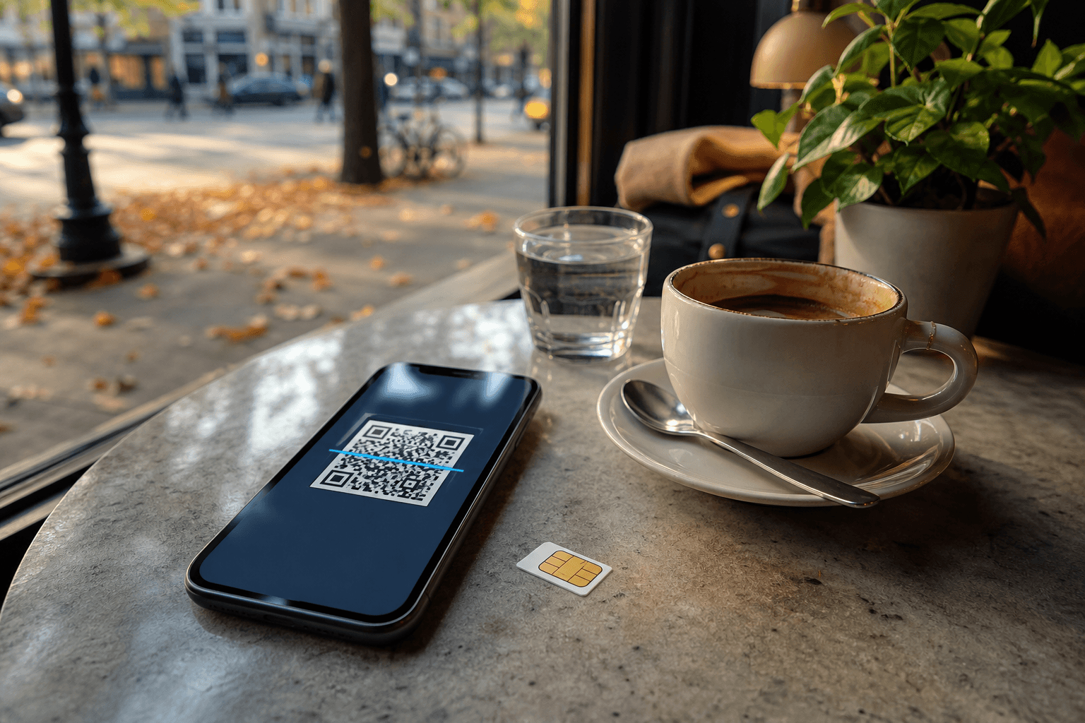 Plastic SIM card and eSIM smartphone on a Montreal café table, eSIM Giga banner