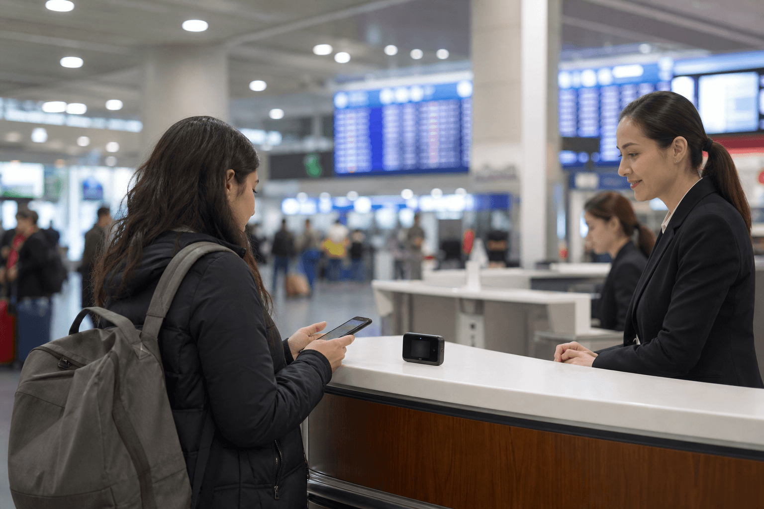 Pocket Wi-Fi de location et voyageur avec smartphone eSIM à l’aéroport de Montréal, visuel eSIM Giga