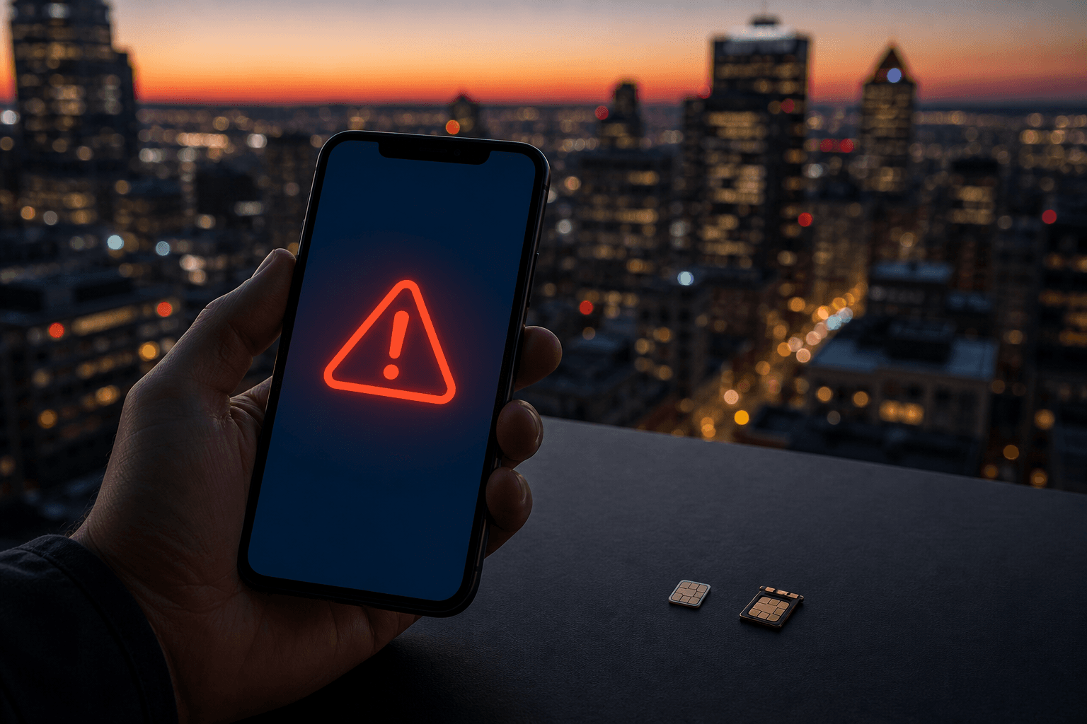 Smartphone with an overage alert and an eSIM chip, Montreal dusk, eSIM Giga banner