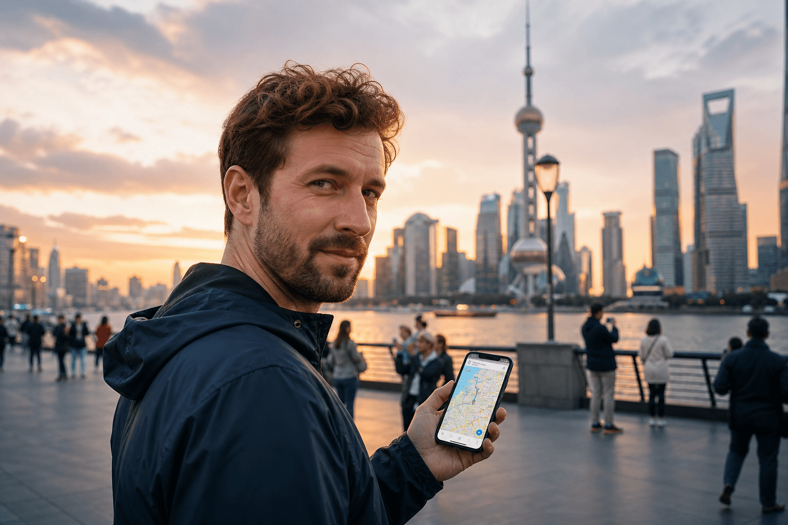 Traveller with an eSIM smartphone on the Bund in Shanghai at dusk, eSIM Giga visual