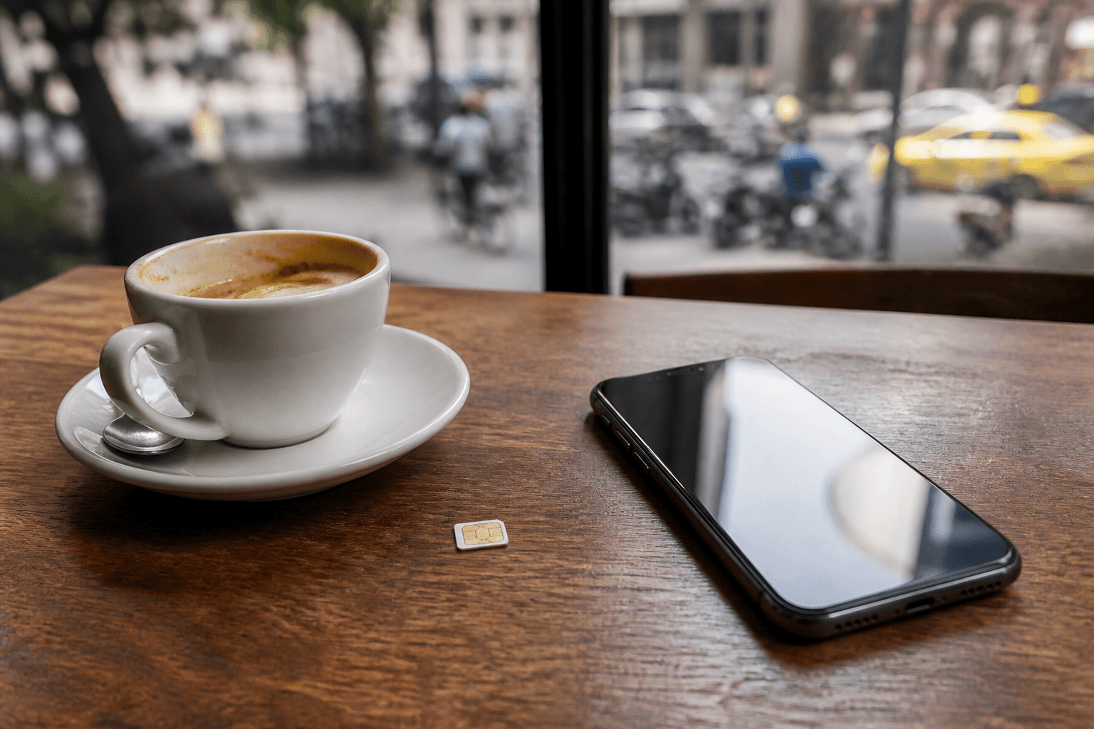 Plastic SIM card and eSIM smartphone on a cafe table in Shanghai, eSIM Giga visual