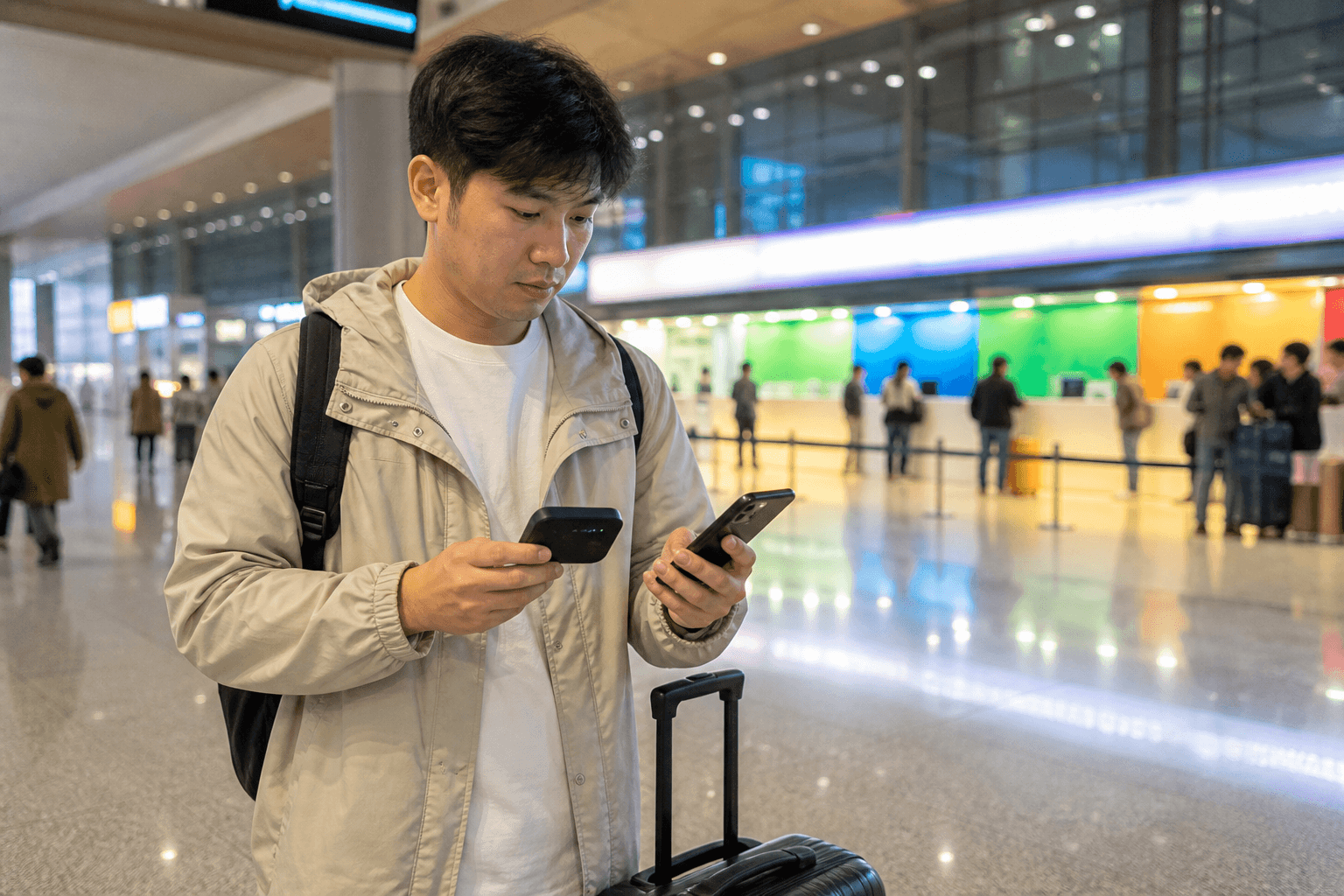 Pocket Wi-Fi de location et voyageur avec smartphone eSIM à l’aéroport de Shanghai, visuel eSIM Giga