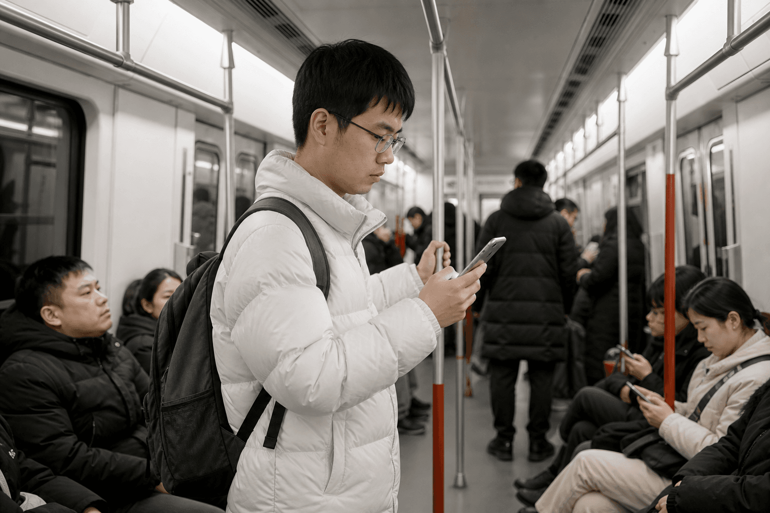 Voyageur avec smartphone eSIM dans le métro de Pékin, visuel eSIM Giga