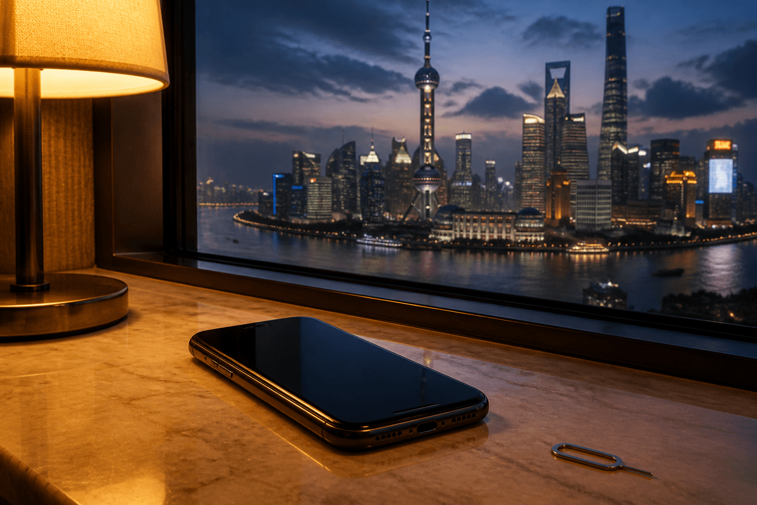 Smartphone avec alerte hors forfait et puce eSIM, crépuscule à Shanghai, bandeau eSIM Giga