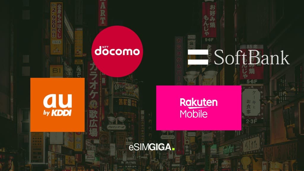 Japan’s four mobile operators (NTT Docomo, SoftBank, au by KDDI, Rakuten Mobile) on a night street in Japan, eSIM Giga visual
