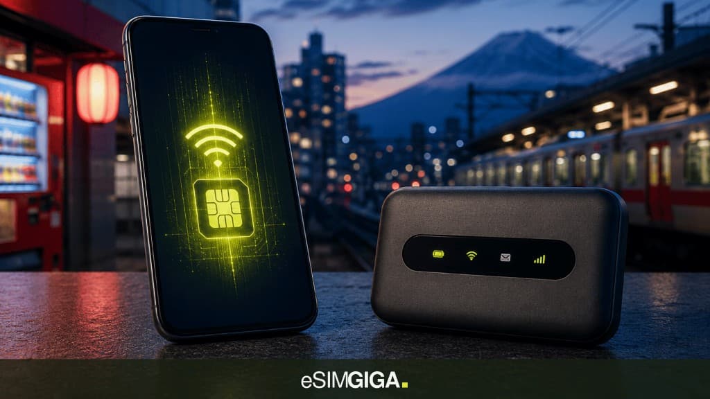 Travel eSIM smartphone and rental pocket Wi-Fi, Japanese station at dusk, eSIM Giga visual