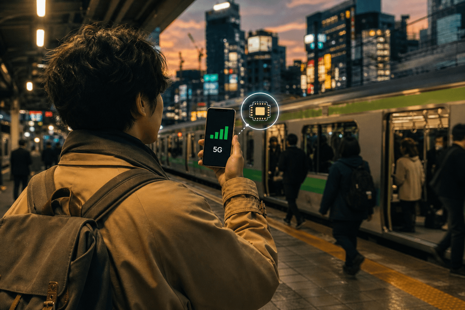 Voyageur avec smartphone eSIM sur un quai tokyoïte au crépuscule, visuel eSIM Giga