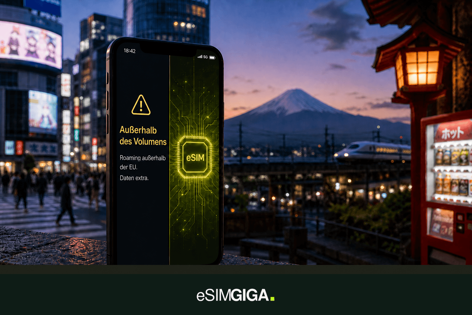 Handy mit Roaming-Warnung und eSIM-Chip, Tokio in der Dämmerung, eSIM-Giga-Banner