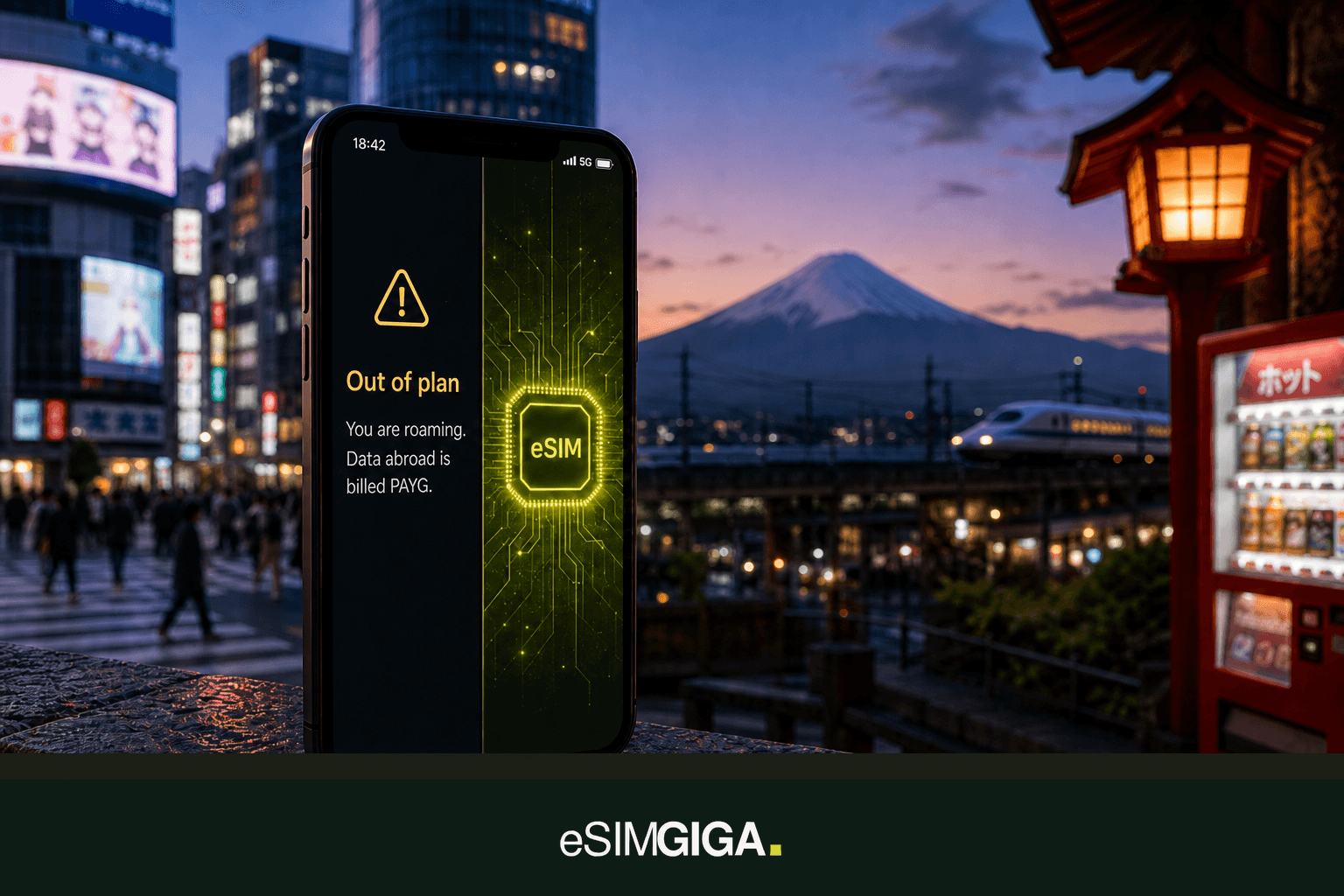 Smartphone showing a roaming overage alert and an eSIM chip, Tokyo dusk, eSIM Giga banner