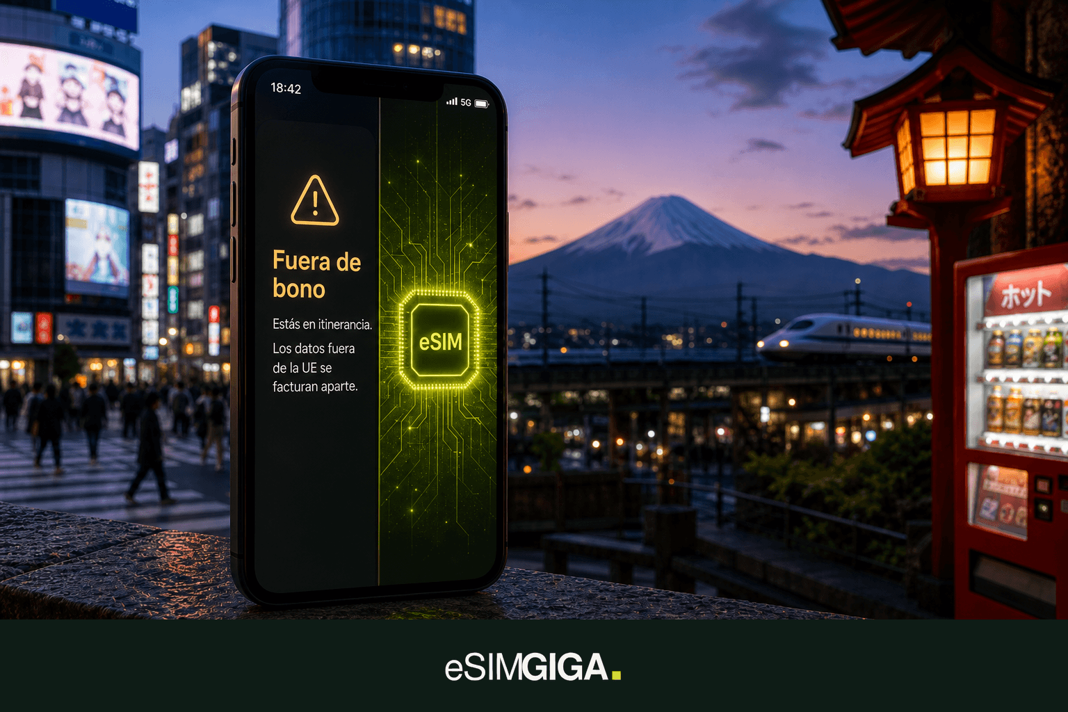Móvil con aviso de itinerancia y chip eSIM, anochecer en Tokio, bandeau eSIM Giga