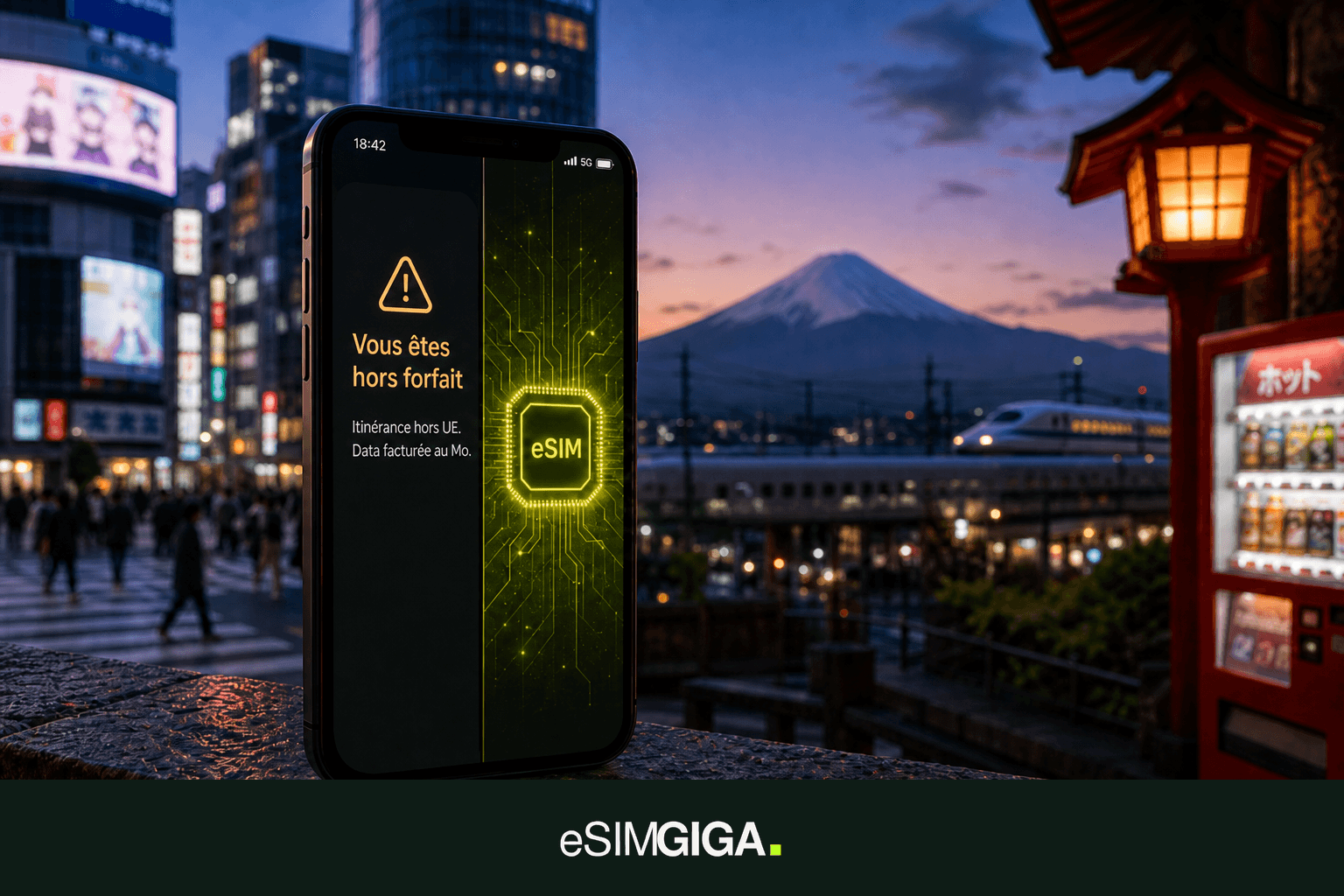 Smartphone avec alerte hors forfait et puce eSIM, crépuscule à Tokyo, bandeau eSIM Giga