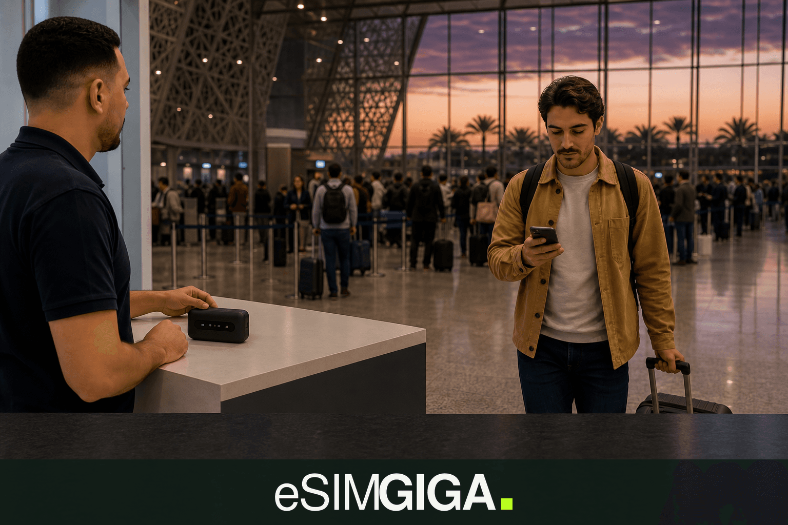 Rental pocket Wi-Fi and a traveller with an eSIM smartphone at Marrakech airport, eSIM Giga banner