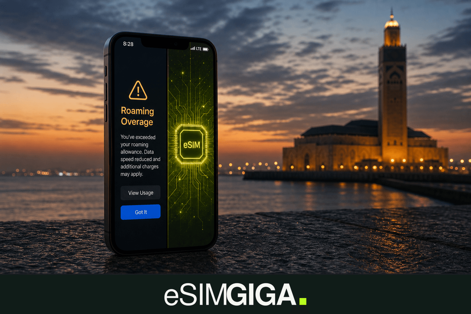 Smartphone with an overage alert and an eSIM chip, Casablanca dusk, eSIM Giga banner