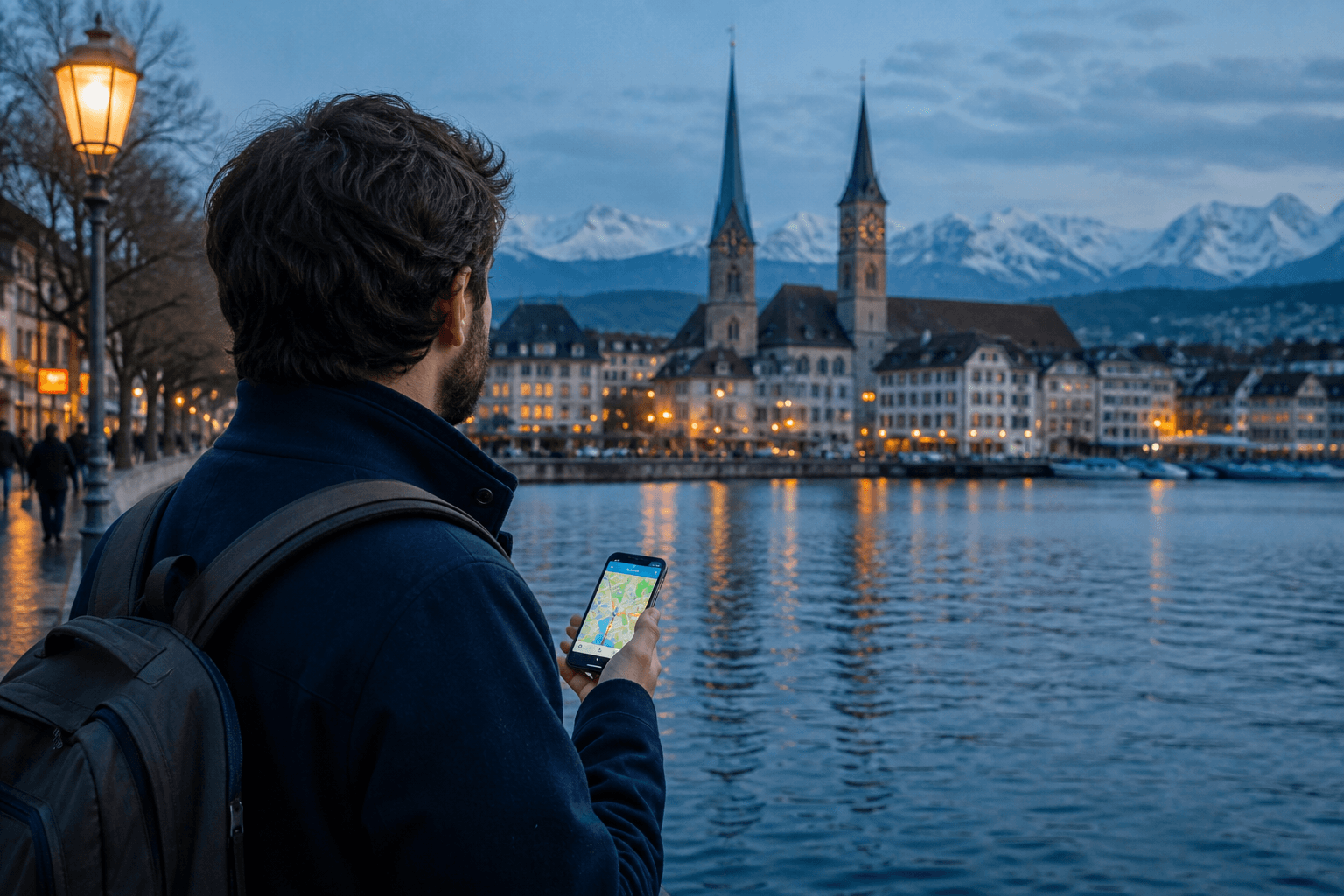 Traveller with an eSIM smartphone on Lake Zurich at dusk, eSIM Giga visual
