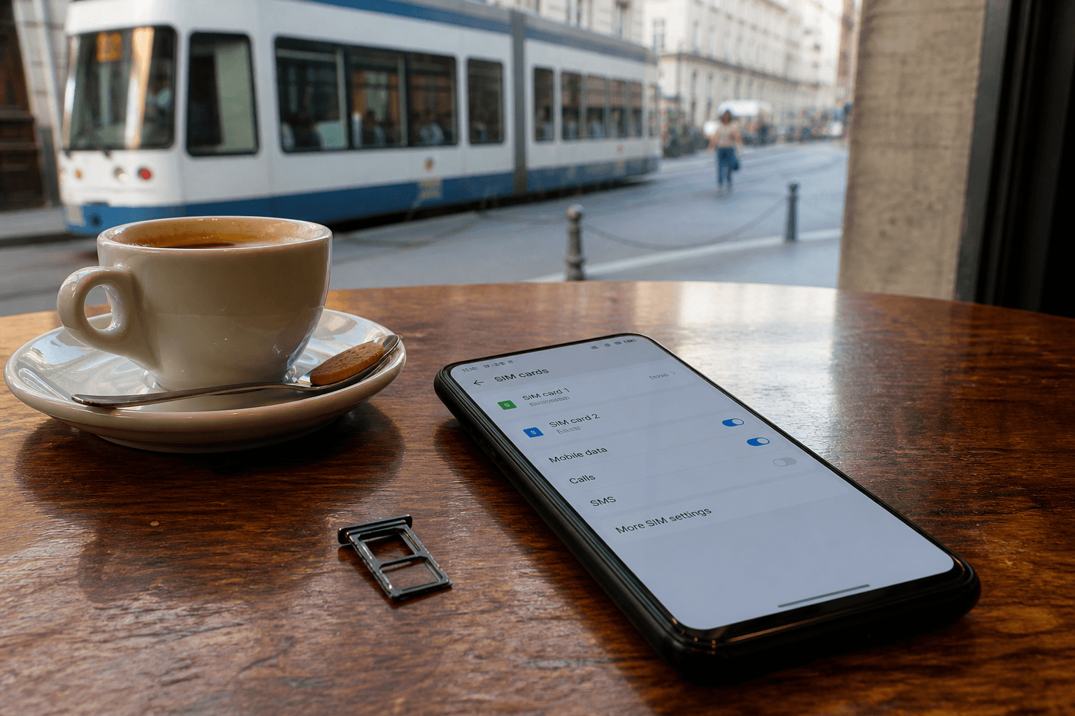 Plastic SIM card and eSIM smartphone on a café table in Geneva, eSIM Giga visual
