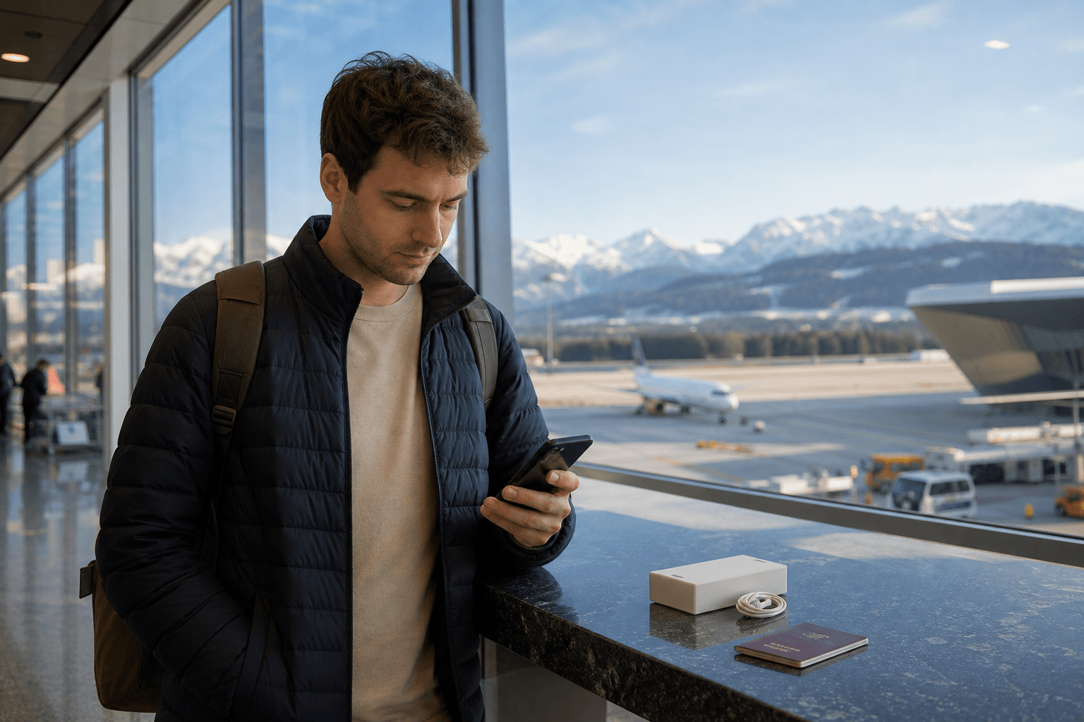 Rental pocket Wi-Fi and a traveller with an eSIM smartphone at Zurich Airport, eSIM Giga visual