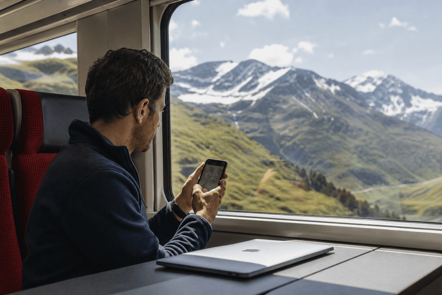 Traveller with an eSIM smartphone on a Swiss train facing the Alps, eSIM Giga visual