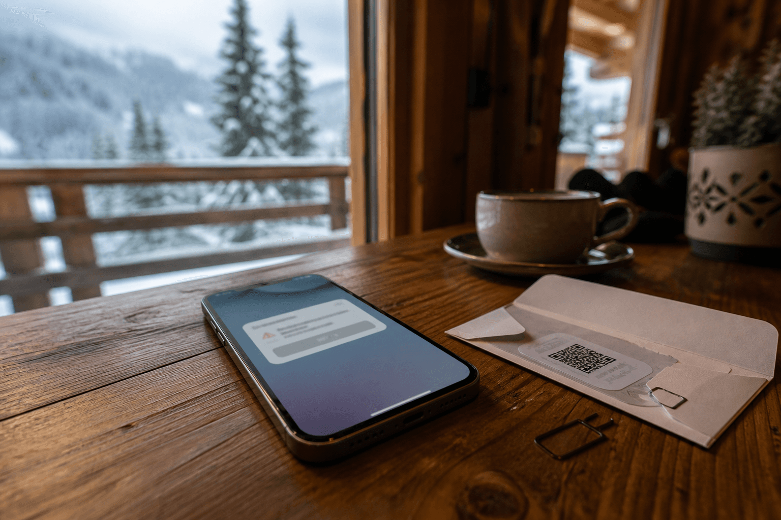 Smartphone with an overage alert and an eSIM chip, snowy Swiss chalet, eSIM Giga banner
