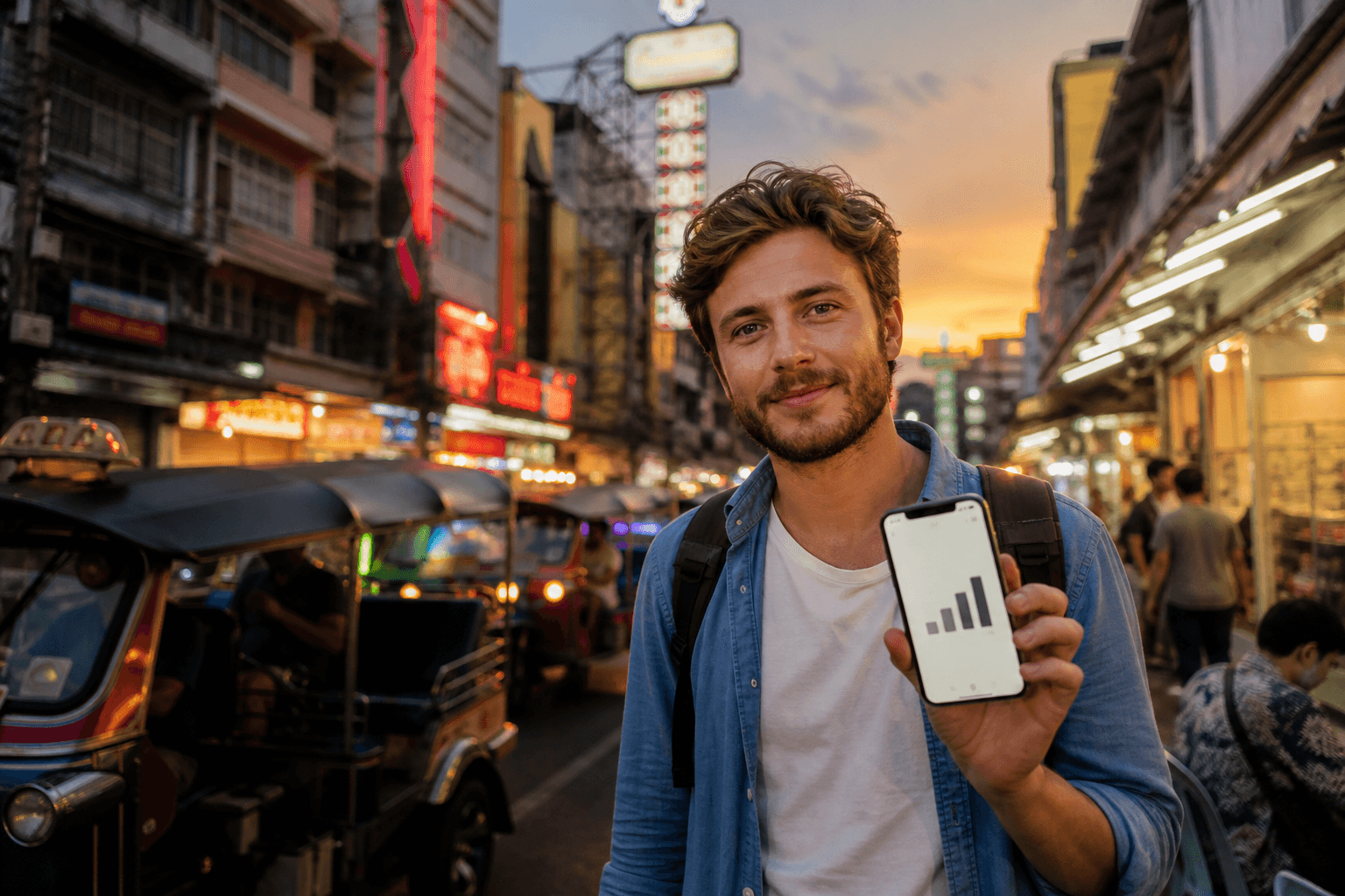 Traveller with an eSIM smartphone on a Bangkok street at dusk, eSIM Giga banner