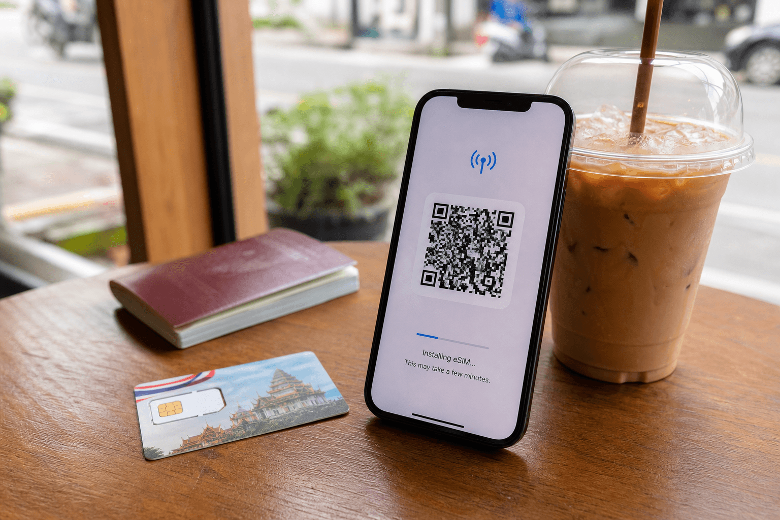 Plastic SIM card and eSIM smartphone on a café table in Chiang Mai, eSIM Giga banner