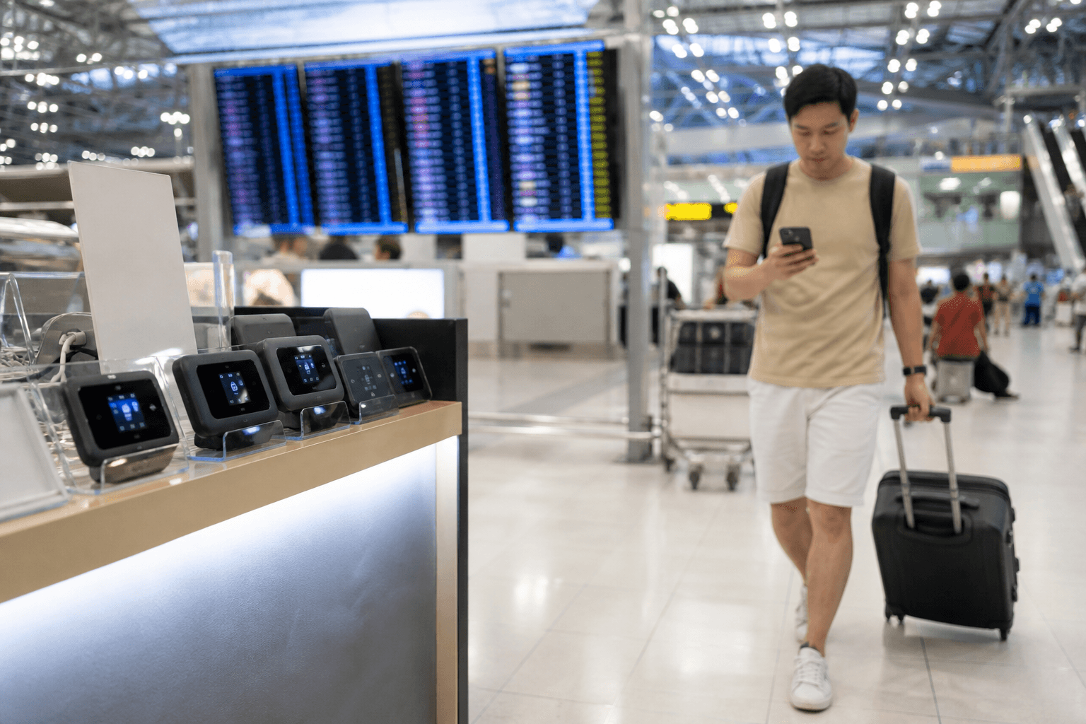 Rental pocket Wi-Fi and traveller with eSIM smartphone at Bangkok airport, eSIM Giga banner