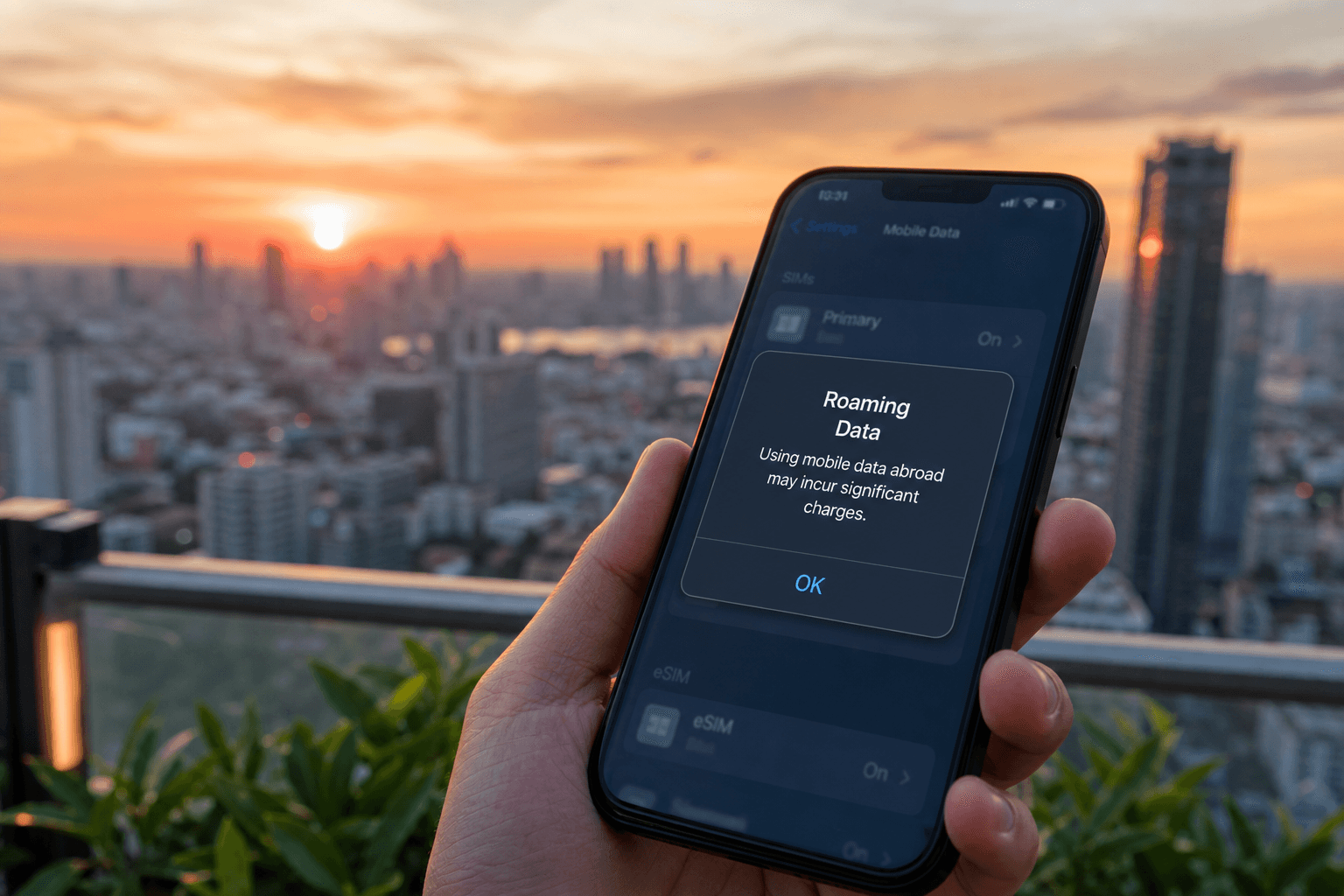 Smartphone with overage alert and eSIM chip, Bangkok dusk, eSIM Giga banner