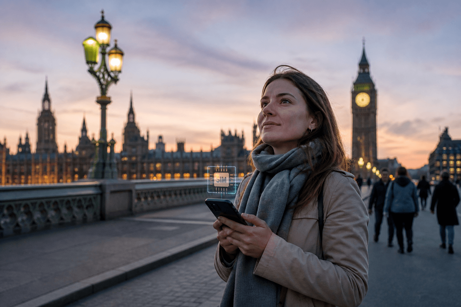 Voyageur avec smartphone eSIM sur un pont de Londres au crépuscule, visuel eSIM Giga