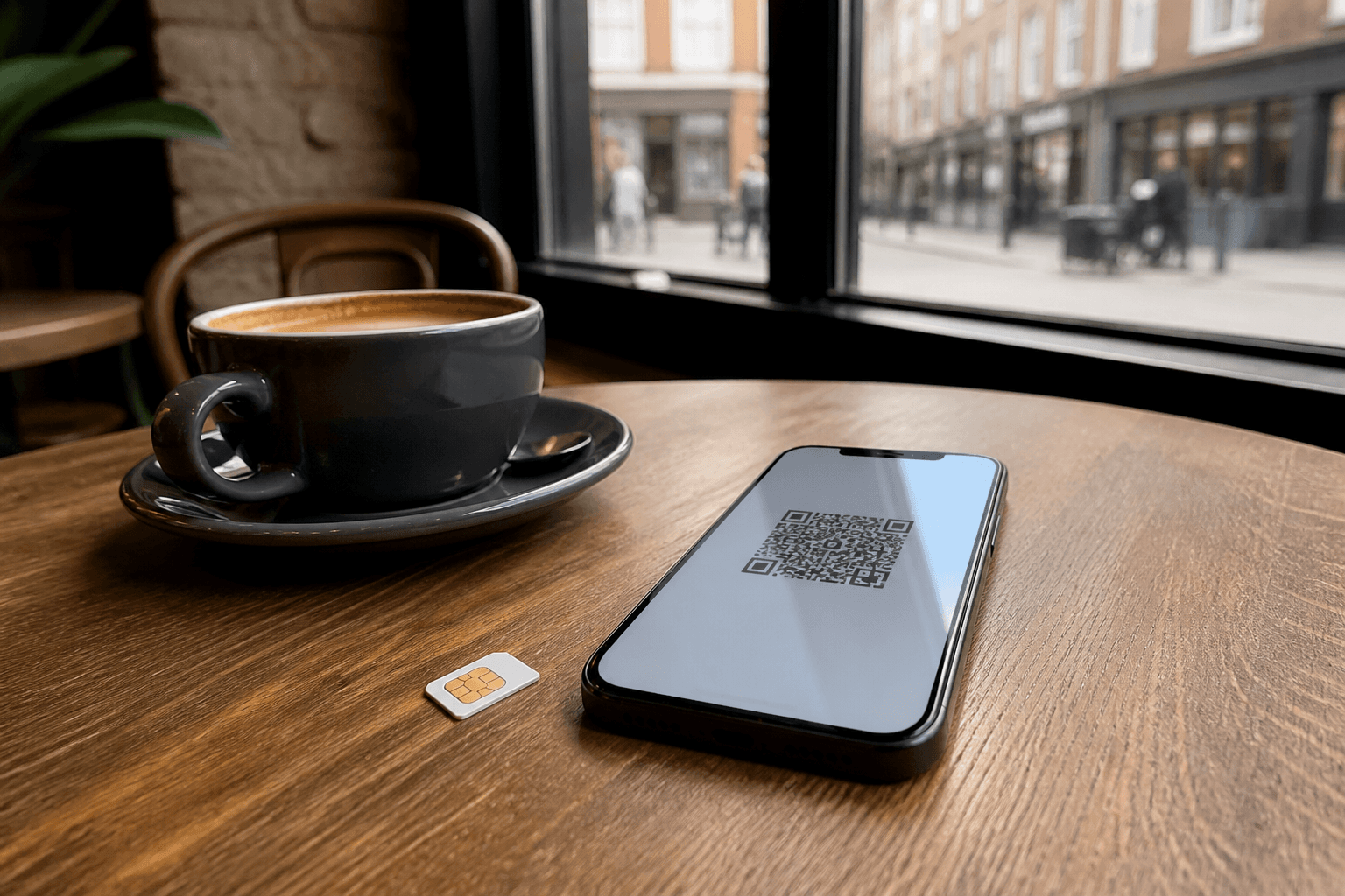 Carte SIM plastique et smartphone eSIM sur une table de café à Londres, visuel eSIM Giga