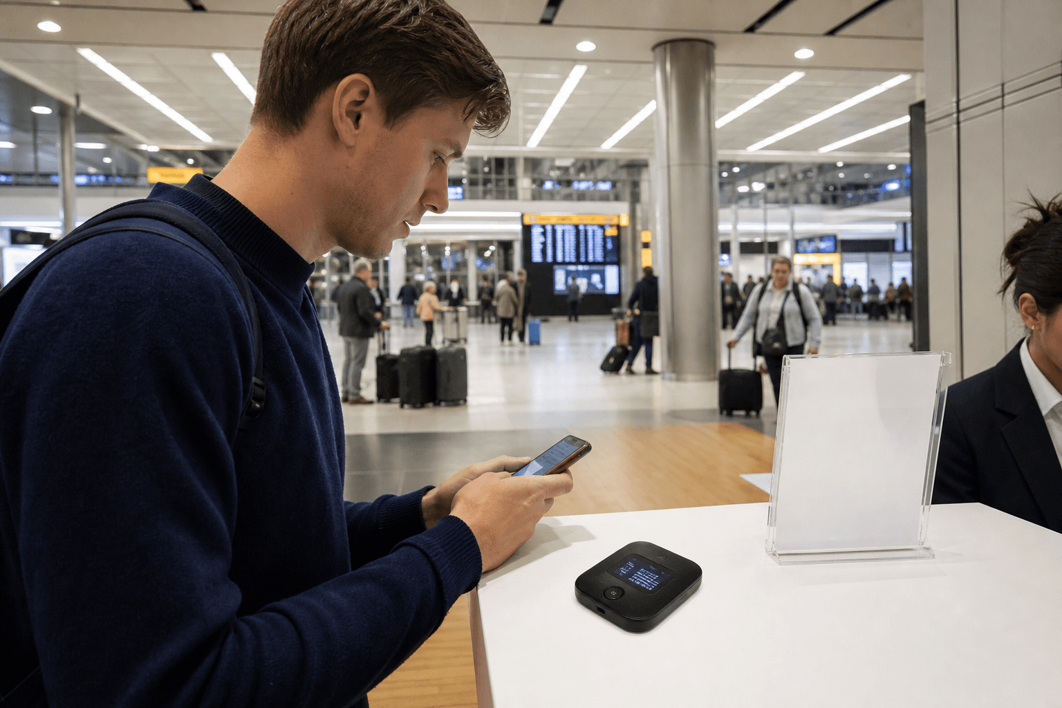 Pocket Wi-Fi de location et voyageur avec smartphone eSIM à l’aéroport Heathrow, visuel eSIM Giga