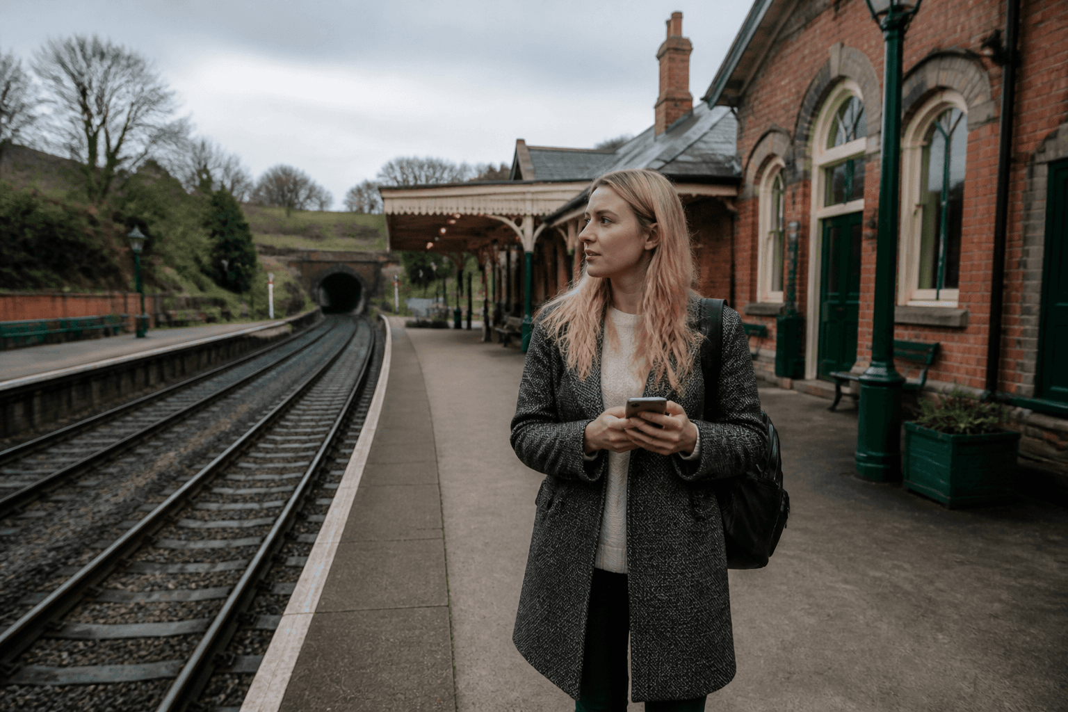 Voyageur avec smartphone eSIM sur un quai de gare britannique, visuel eSIM Giga