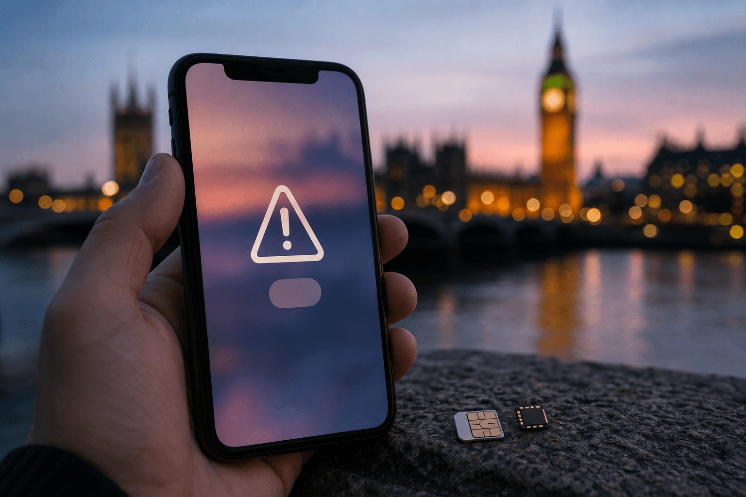 Smartphone avec alerte hors forfait et puce eSIM, crépuscule à Londres, bandeau eSIM Giga