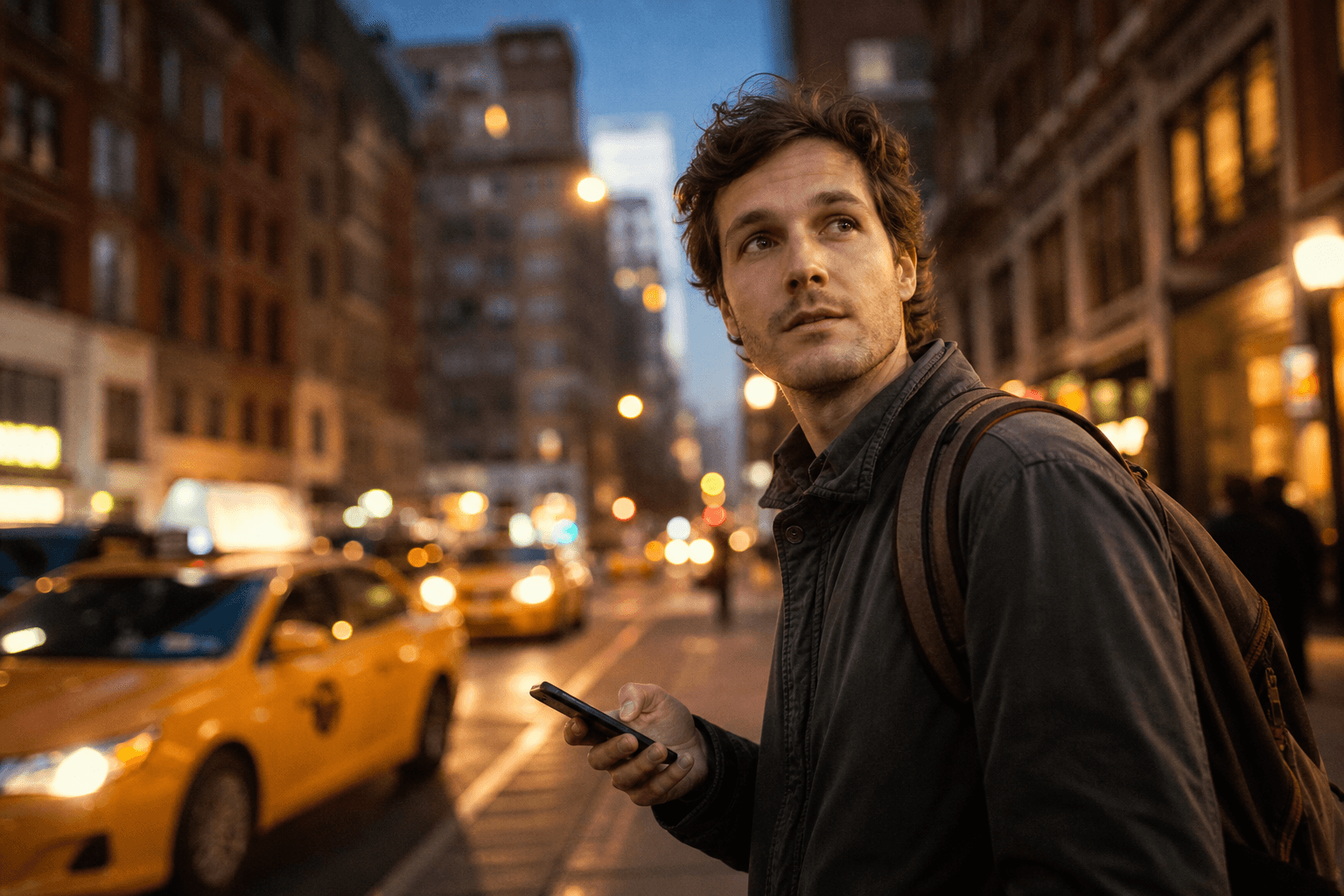 Traveller with an eSIM smartphone on a New York street at dusk, eSIM Giga banner
