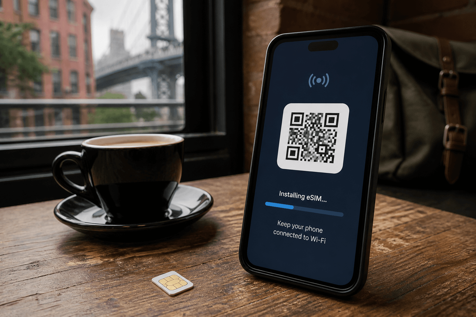 Plastic SIM card and eSIM smartphone on a Brooklyn café table, eSIM Giga banner