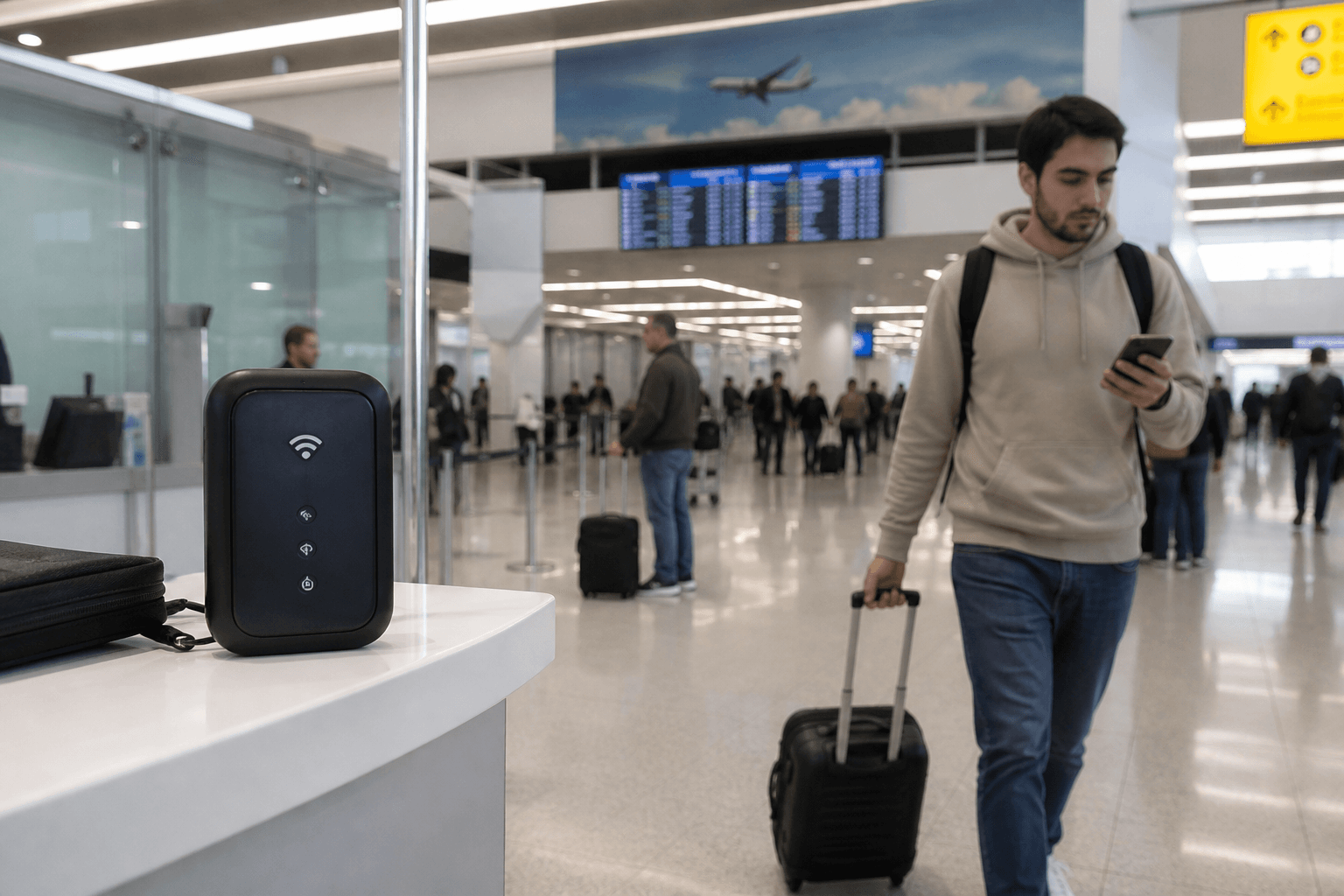 Rental pocket Wi-Fi and traveller with eSIM smartphone at JFK airport, eSIM Giga banner