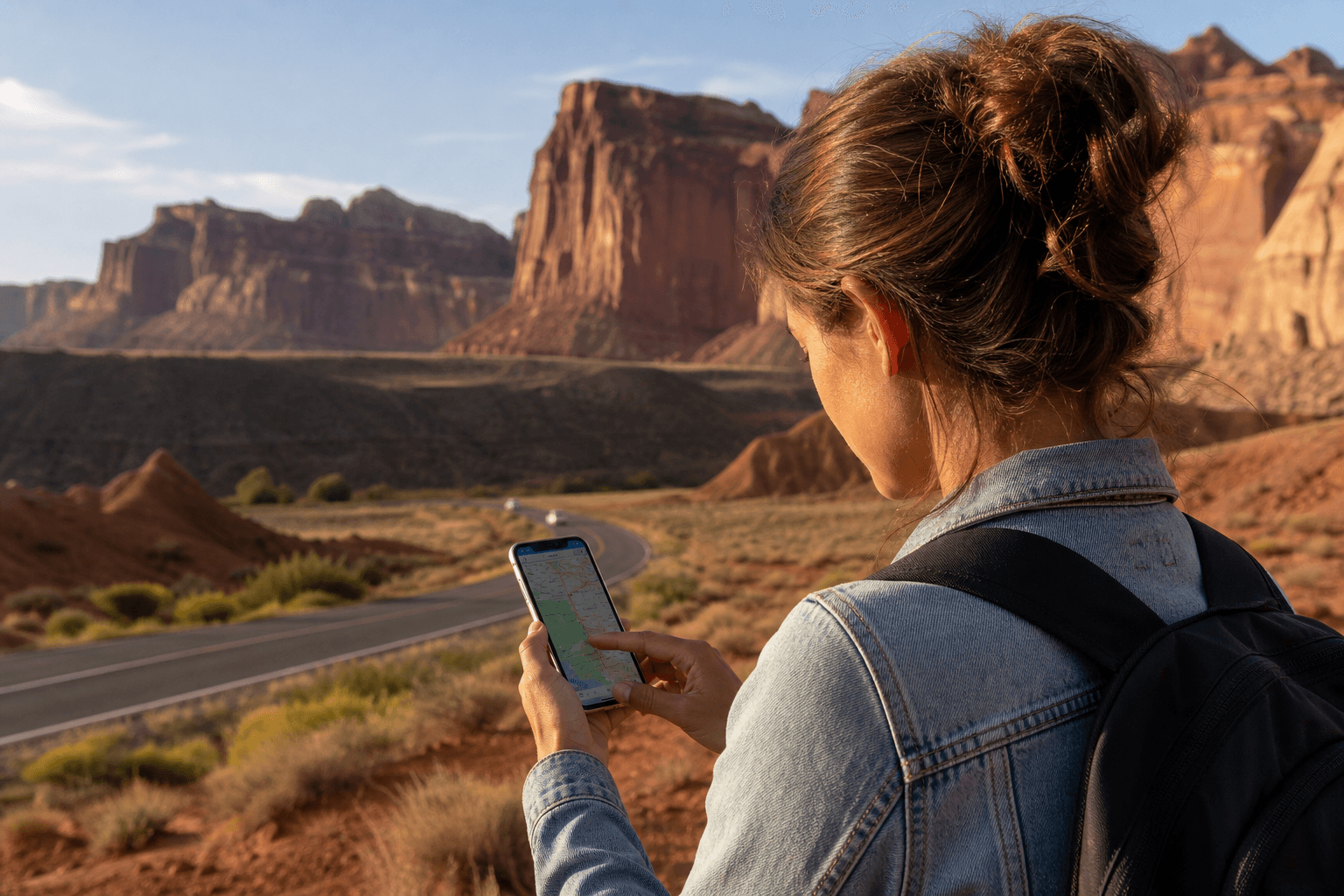 Traveller with an eSIM smartphone on a road in the American West, eSIM Giga banner