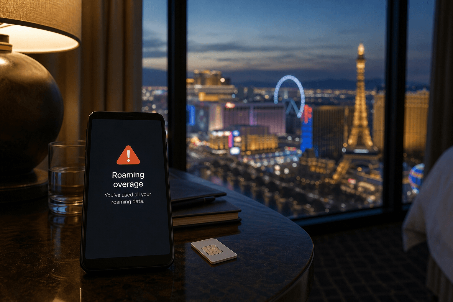 Smartphone with an overage alert and an eSIM chip, Las Vegas dusk, eSIM Giga banner