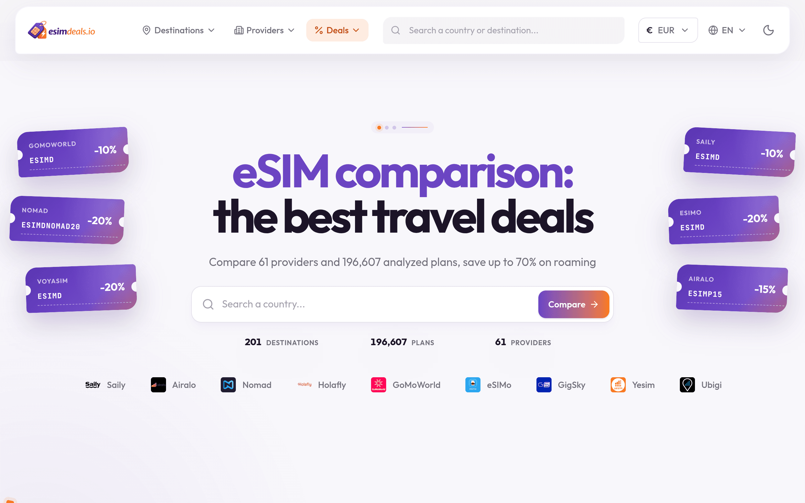 eSIM Deals homepage